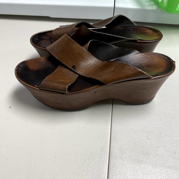 Vintage YVES SAINT LAURENT Leather Wedge Cross Strap PlatformSlides 36 sz6/6 1/2 - Picture 5 of 10